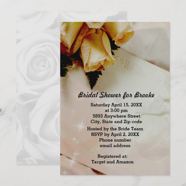 Elegant Ivory - Yellow White Roses Bridal Shower Invitation (Front/Back)