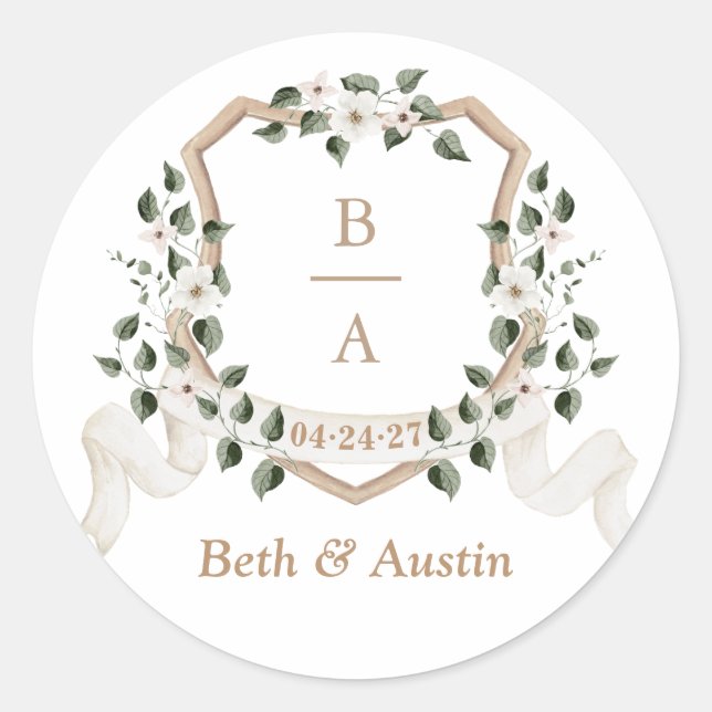 Elegant Ivy Branch Greenery Crest Classic Round Sticker (Front)