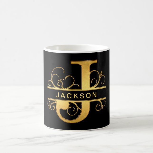 Elegant "J" Monogram Personalized Name Black Gold Coffee Mug (Center)