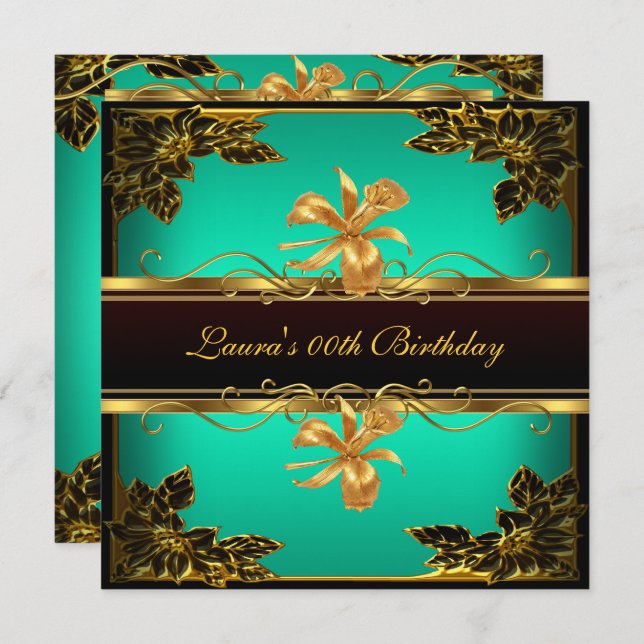 Elegant Jade Green Black Gold Birthday Party Invitation (Front/Back)