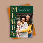 Elegant Jade Merry Pine Photo Christmas  Holiday Card<br><div class="desc">Elegant jewel tone jade green Christmas greeting card features merry side text decorated with beautiful watercolor greenery pine branches,  and a vibrant golden orange back of the card. Personalize this holiday greeting with your own photo and name.</div>