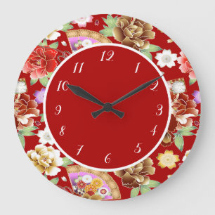 Elegant Japanese Asian Artwork Red Floral Fan Large Clock