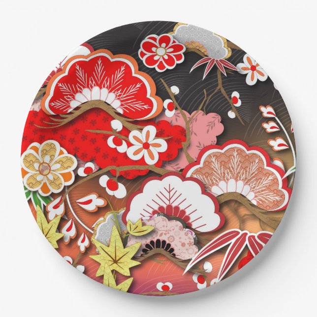 Elegant Japanese Autumn Kimono Paper Plate (Front)