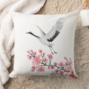 Elegant Japanese Crane and Cherry Blossom Throw Pillow