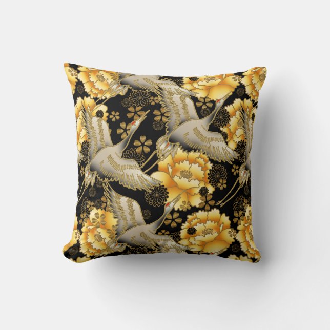 Elegant Japanese crane and peony Throw Pillow (Front)