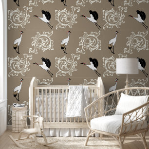 Elegant Japanese Crane Birds & Flourishes Wallpaper