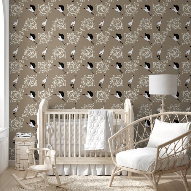Elegant Japanese Crane Birds & Flourishes Wallpaper (Kids)