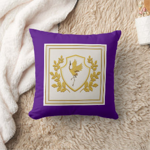Elegant Japanese Crane Crest Gold Leaves Purple Throw Pillow