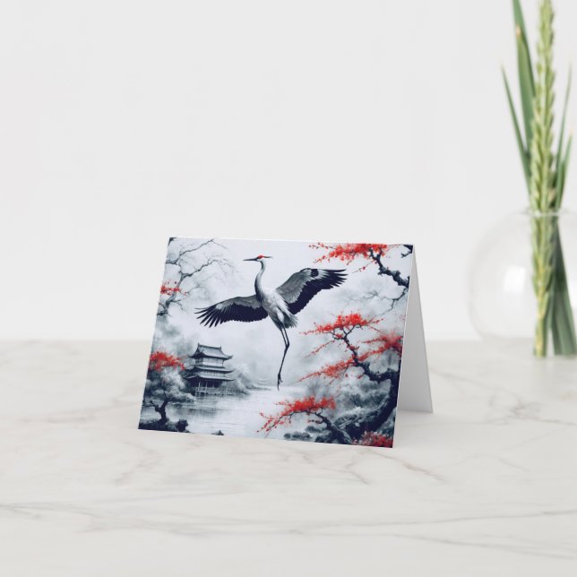 Elegant Japanese Crane In Japanese Garden Card (Front)
