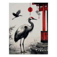 Elegant Japanese Cranes and Pagoda Ink Wash Art