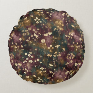 Elegant Japanese Floral – Moody Plum & Teal  Round Pillow