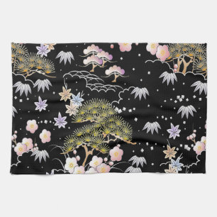 Elegant Japanese Inspired Botanical Artwork Kitchen Towel