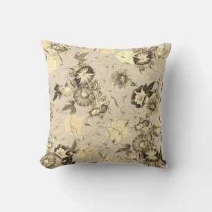 Elegant Japanese Morning Glory Cream Beige Floral Throw Pillow