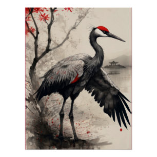 Elegant Japanese Red-Crowned Crane & Maple Tree Poster