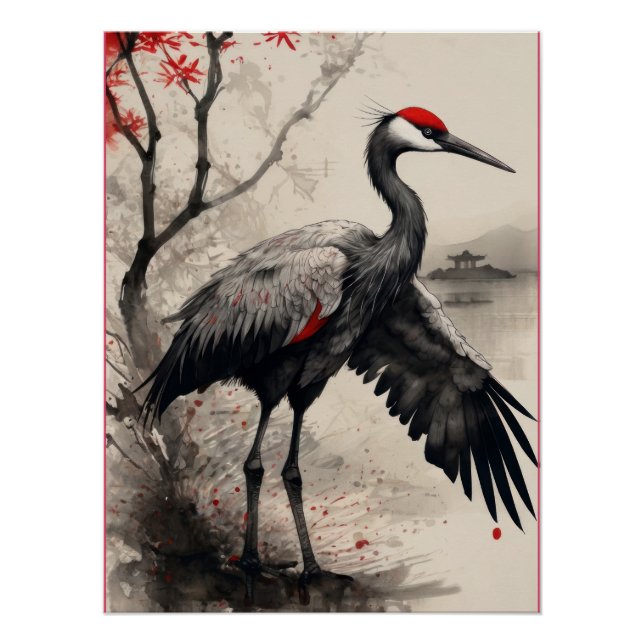 Elegant Japanese Red-Crowned Crane & Maple Tree Poster (Front)
