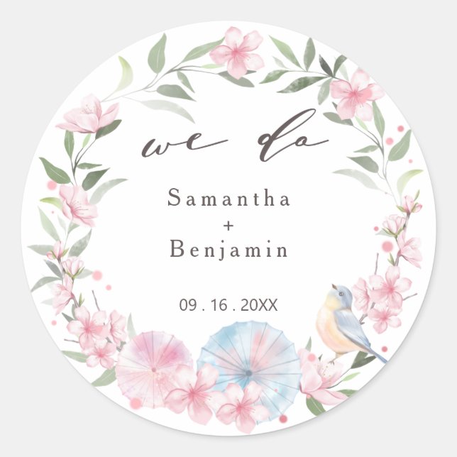 Elegant Japanese Sakura Cherry Blossom Wedding Classic Round Sticker (Front)