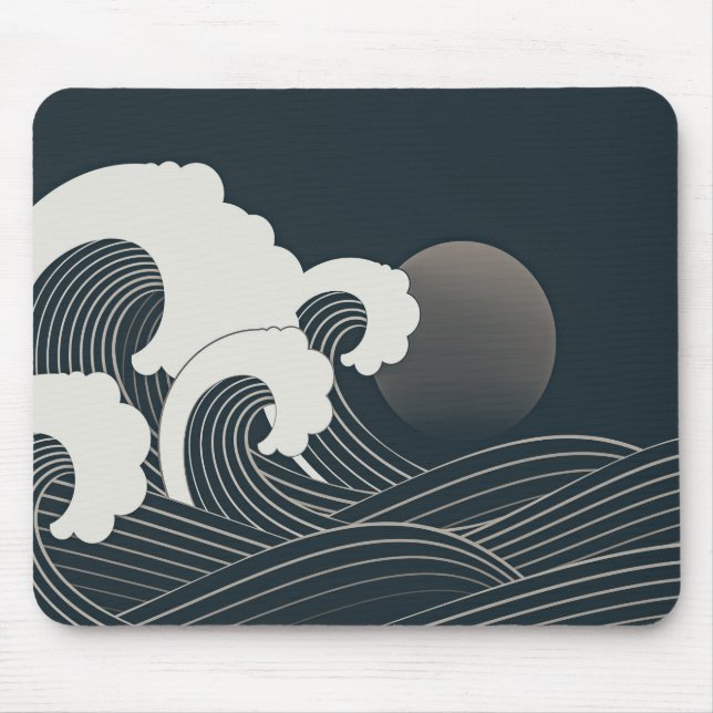 Elegant Japanese Waves Black and White Artwork | Mouse Pad (Front)