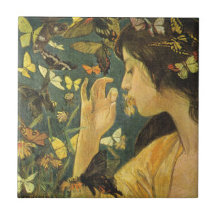 Elegant Japanese Woman With Beautiful Butterflies Tile