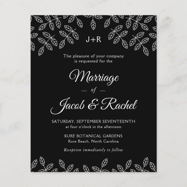 Elégant Jardin Feuille Faire-part de mariage noir (Devant)