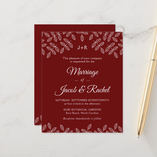 Elégant Jardin Feuille Faire-part de mariage rouge (Devant/Arrière en situation)