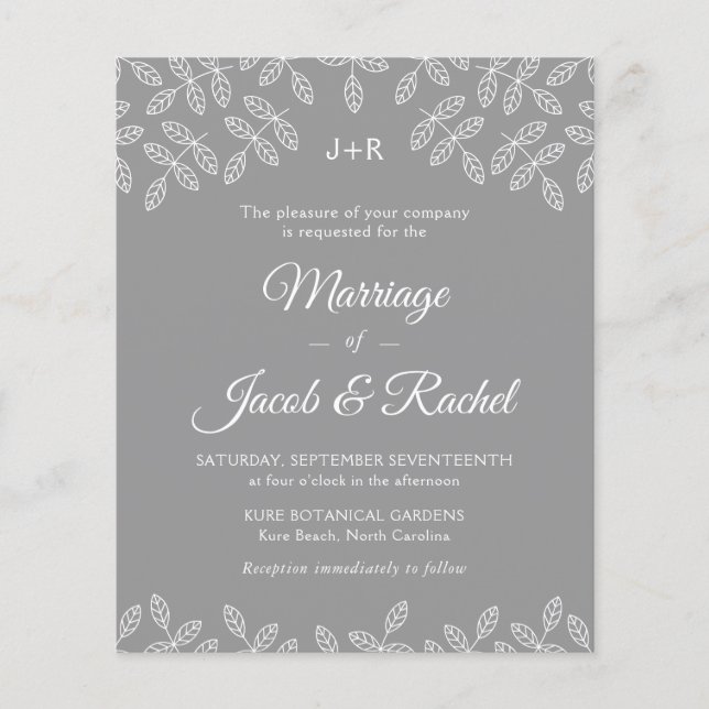 Elégant Jardin Feuille Grey Faire-part de mariage (Devant)