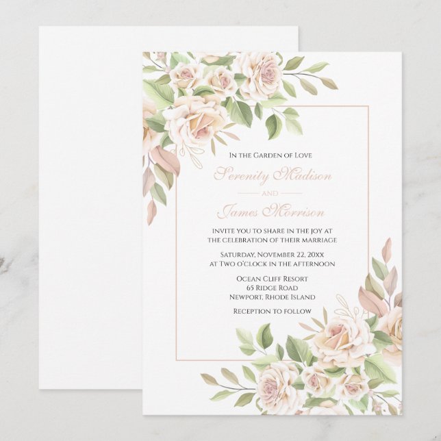 Elégant Jardin Rose rose Faire-part de mariage flo (Devant / Derrière)