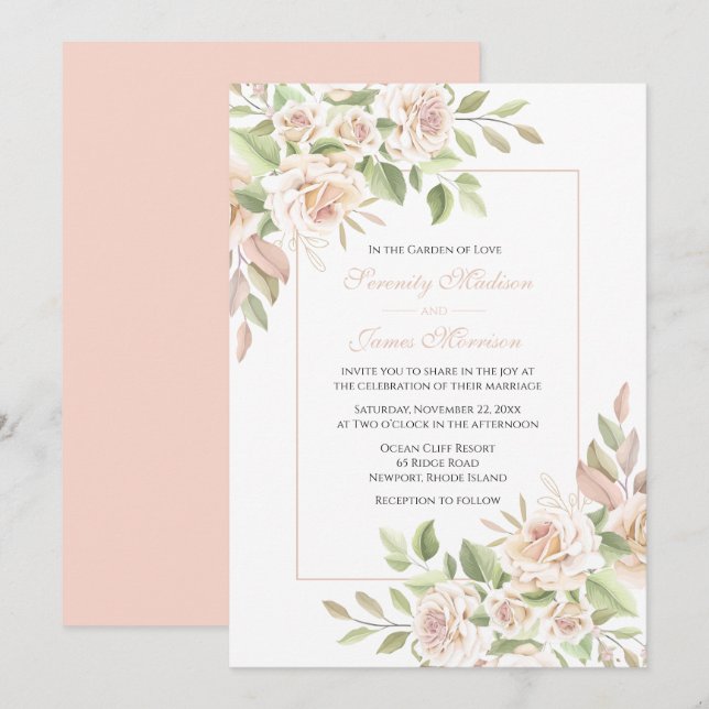 Elégant Jardin Rose rose Faire-part de mariage flo (Devant / Derrière)