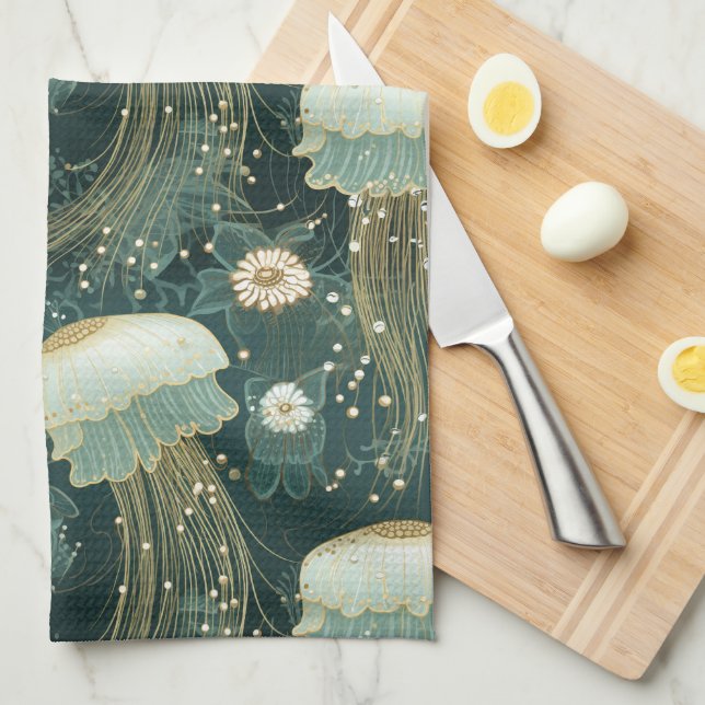 Elegant Jellyfish Pattern - Custom Name Kitchen Towel (Quarter Fold)