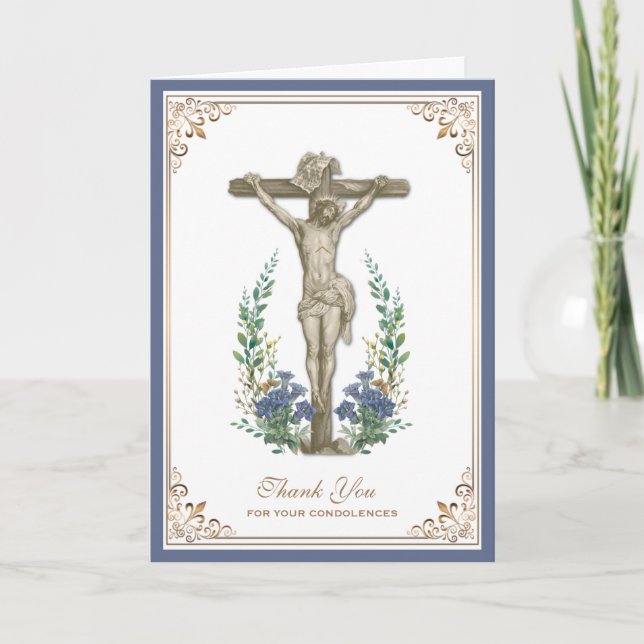 Elegant Jesus Cross  Catholic Condolence Thank You (Front)