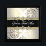 Elegant Jewel Black Damask Keepsake Gift Box<br><div class="desc">Black damask keepsake gift box. Black gold keepsake gift boxes. Elegant black gift boxes. Black damask gold gift boxes. Black gold jewellery box. Add your details to the front by simply choosing the "Customize it!" button to begin adding your event details, font style, font size & colour, and wording. Please...</div>