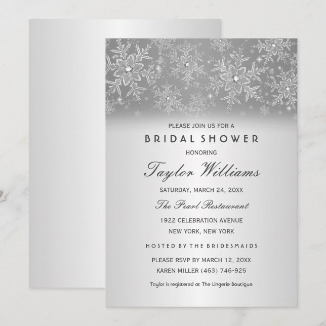 Elegant Jewel Silver Snowflake Bridal Shower Invitation (Front/Back)