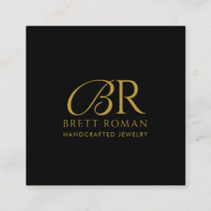 Elegant Jewellery Designer Gold Monogram Black Square Business Card