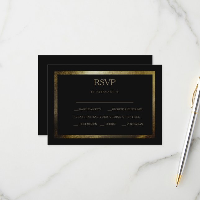 Elégant Jour Noir & Or Mariage Carte RSVP (Devant/Arrière en situation)