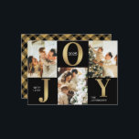 Elegant Joy Black Gold Photo Collage Christmas  Holiday Card<br><div class="desc">This Black Gold Modern Elegant Plaid Christmas Holiday Card combines classic charm with a trendy touch. The stylish Buffalo Plaid in black and gold creates a warm, festive vibe, perfect for sending holiday cheer. Featuring an easy-to-use photo template, it's simple to personalize with your favourite family moment. Whether for Christmas...</div>