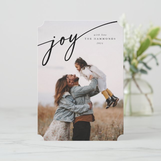 Elegant 'Joy' Black Typographic Script Holiday Card (Standing Front)