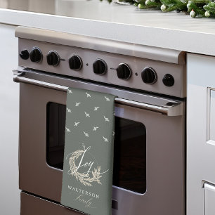 Elegant Joy Calligraphy Garland Wreath Family Name Kitchen Towel