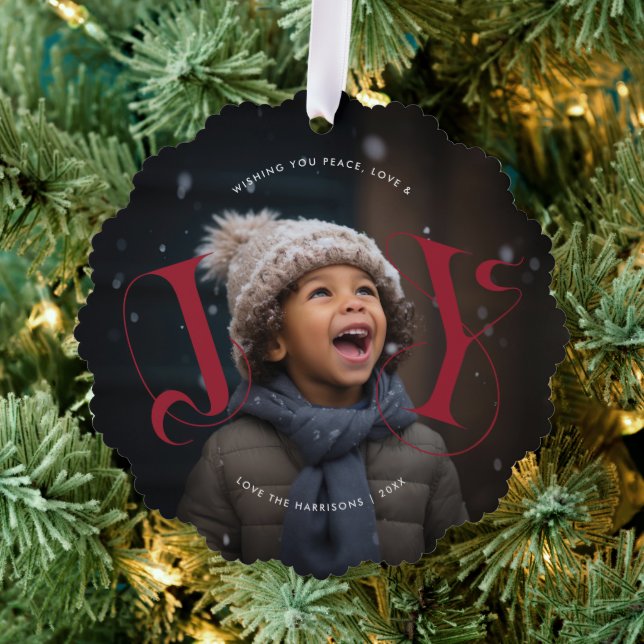 Elegant JOY | Christmas Holiday Photo Ornament Card (Insitu (Tree))