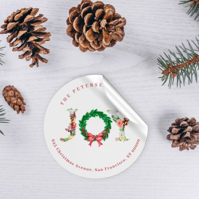 Elegant joy Christmas wreath family address  Classic Round Sticker (Creator Uploaded)