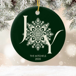 Elegant JOY Forest Green Photo Christmas Ornament