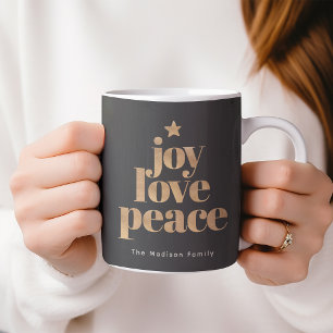 Elegant Joy, Love, Peace Gold Christmas Black Coffee Mug