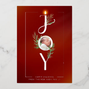 Elegant Joy Minimalist Photo Christmas Botanical Foil Holiday Card