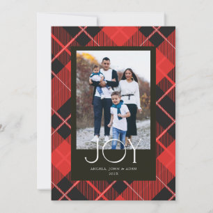 Elegant Joy Photo Black Red Plaid Holiday Card