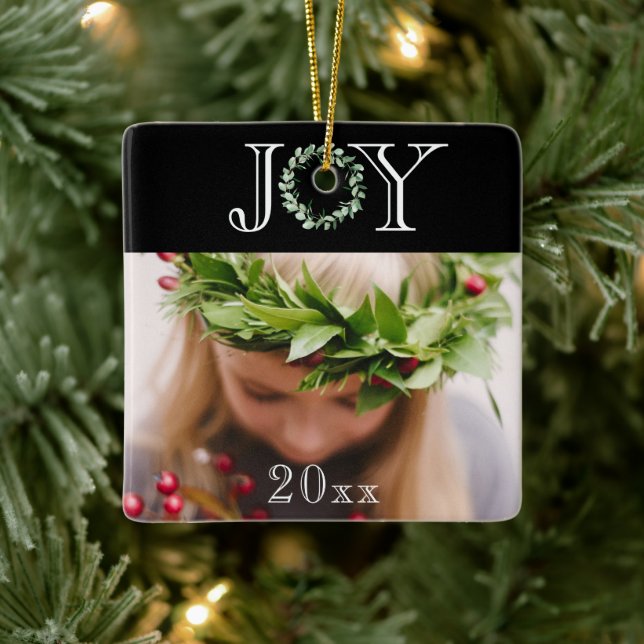 Elegant Joy Photo Personalized Holiday Christmas  Ceramic Ornament (Tree)