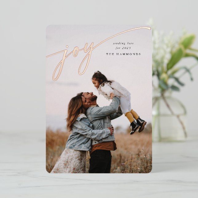 Elegant 'Joy' Script New Year Photo Foil Holiday Card (Standing Front)