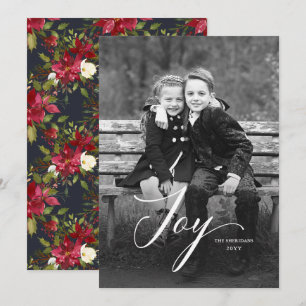 Elegant Joy Script Poinsettia Christmas Full Photo Holiday Card