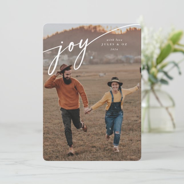 Elegant 'Joy' White Typographic Script Holiday Card (Standing Front)