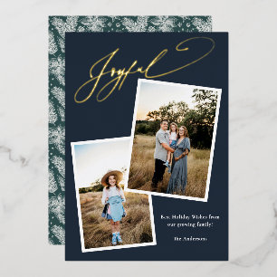 Elegant Joyful Blue Calligraphy Photo Pregnancy Foil Holiday Card