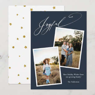 Elegant Joyful Blue Calligraphy Photo Pregnancy Holiday Card