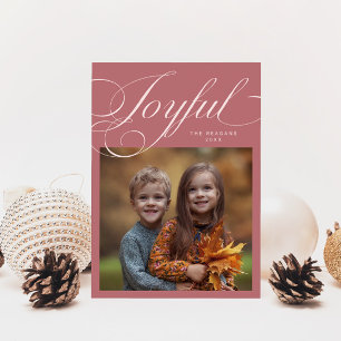 Elegant Joyful Calligraphy Photo Pink Holiday Card