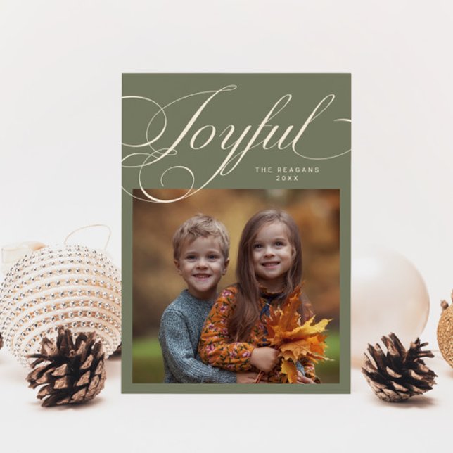 Elegant Joyful Calligraphy Photo Sage Green Holiday Card (Creator Uploaded)